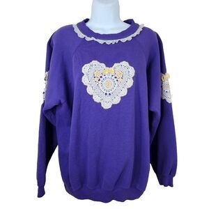 Vintage 80s Granny Core Crewneck Sweatshirt Womens Size XL Purple Crochet Heart